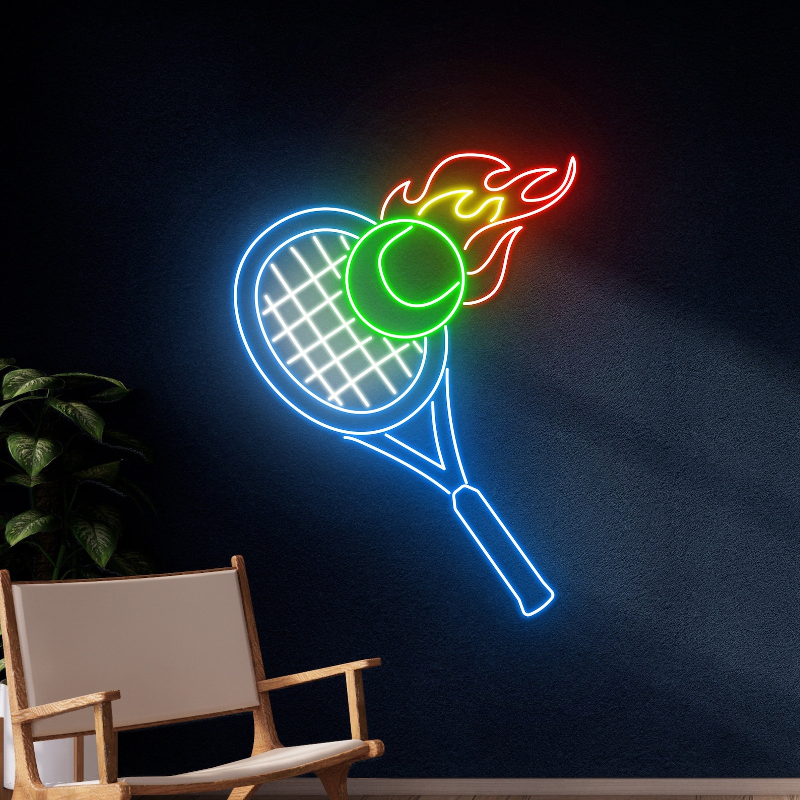 Tennis Fire Ball Racket Neon Sign, Tennis Burning Ball Neon Light ...