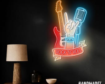 Music Neon Sign – Guitar and Microphone LED Light for Music Bar, Rock Band, Studio, Concert Hall, Music Room Decor
