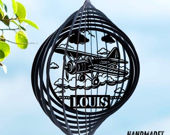 Airplane Wind Spinner Metal Yard Art, Custom Name Outdoor Garden Decor, Kinetic Airplane Sculpture, Aviation Lover Gift, Patio Lawn Ornament