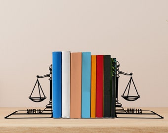 Custom Justice Scales Metal Bookends Lawyer Name Bookend, Lawyer Table Sign, Bookshelf Decor, Book Lover Gift, Lawyer Metal Desk Decor