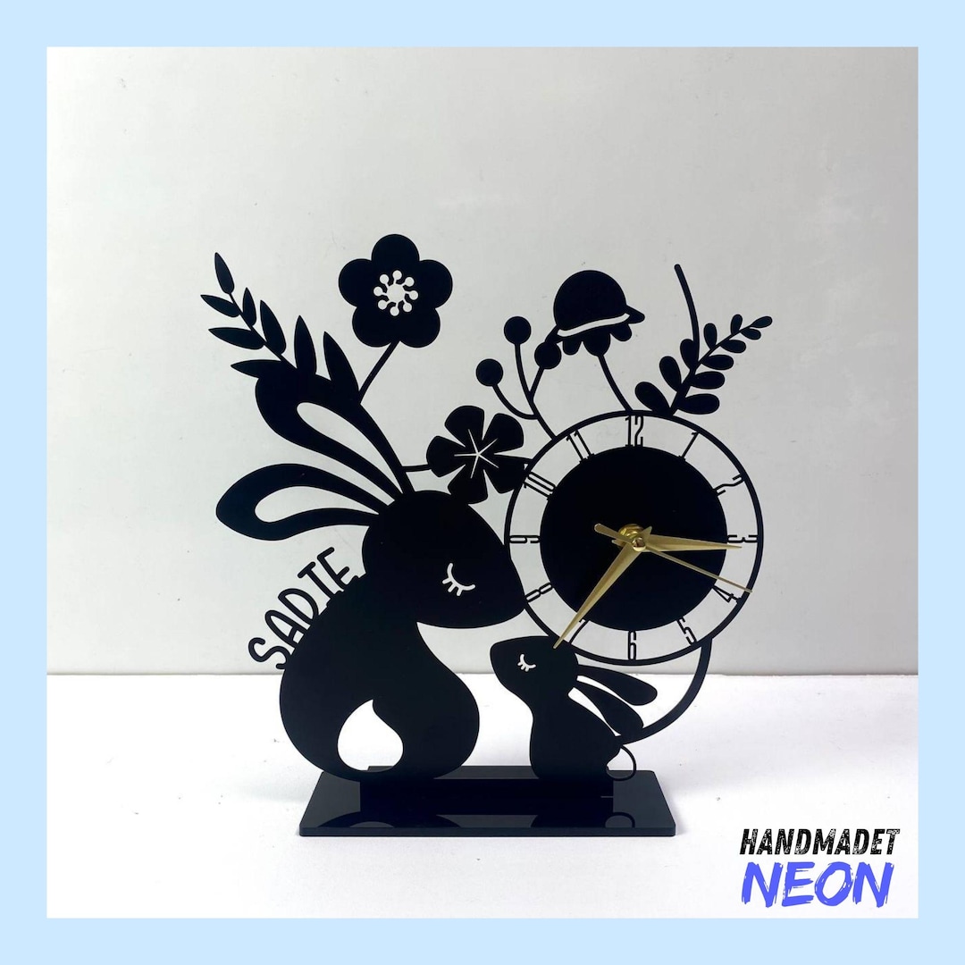 Custom Rabbit Tabletop Metal Clock, Floral Rabbit Desktop Clock, Rabbit ...