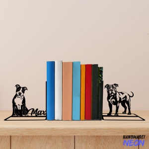 Custom American Staffordshire Terrier Metal Bookends, Dog Name Bookend Dog Table Sign, Bookshelf Home Decor, Book Lover, Back To School Gift