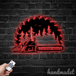 Letrero de pared de metal personalizado para tienda de madera, luz de pared de metal con hoja de sierra, letrero de pared LED para máquina de sierra, letrero de pared LED para bosque, decoración de pared de casa