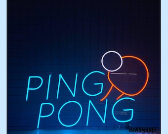 May include: Neon sign with the words "PING PONG" in blue, with a white and orange neon depiction of a ping pong paddle and ball.