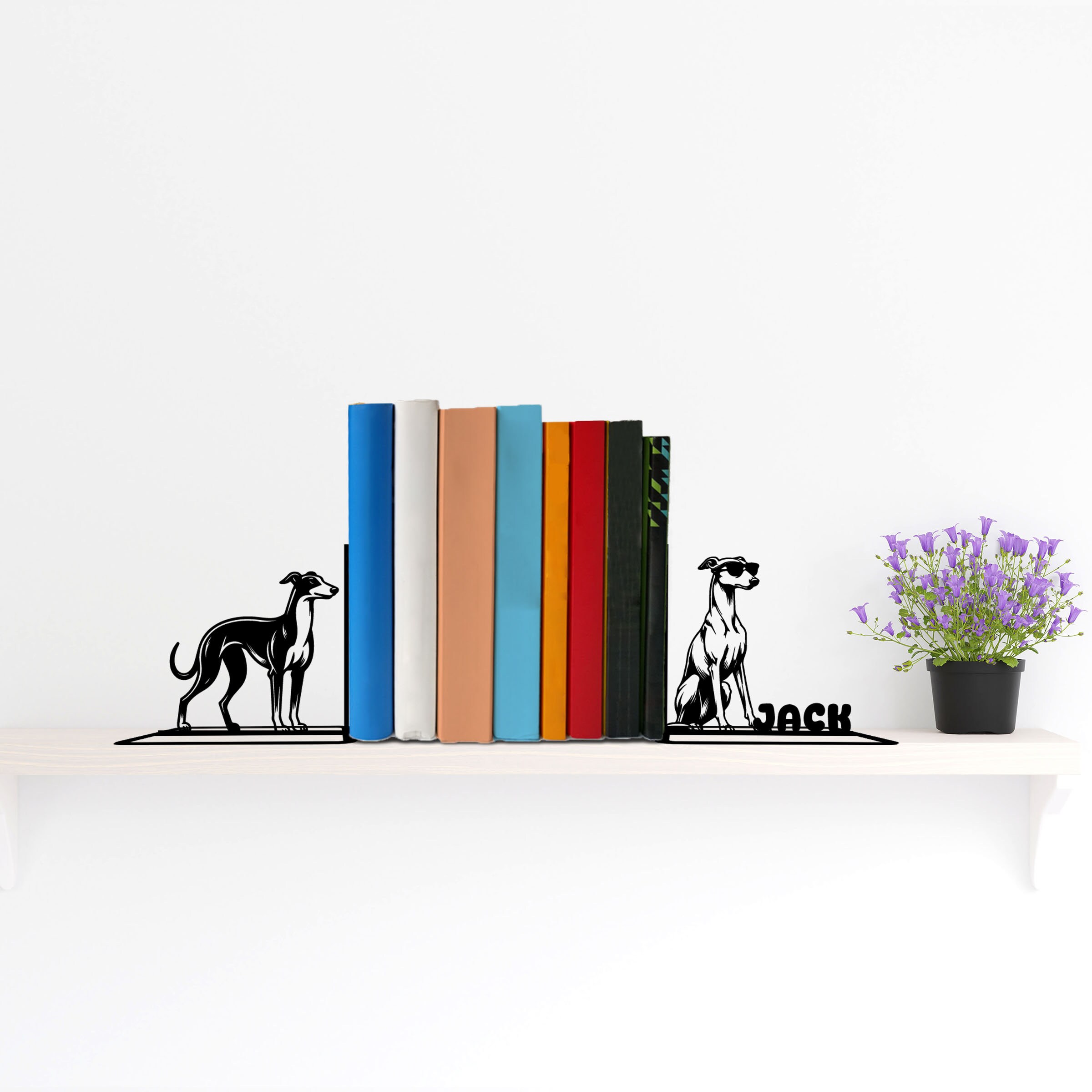 Custom Greyhound Dog Metal Bookends, Dog Name Bookend, Dog