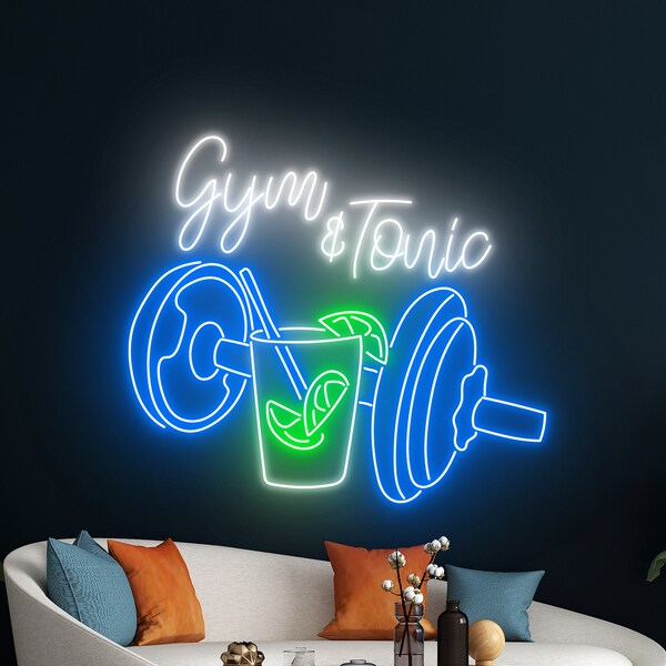 Gym And Tonic Neon Sign, Tonic Water Neon Sign, Barbell LED Sign, Barbell Neon Light, Weightlifting Led Light, Lifting Wall Room Decor