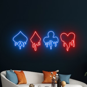 Letrero de neón que gotea de póquer, luz LED de cartas de póquer, luz de neón del jugador de cartas, letrero LED de cartas de juego, decoración de la pared de la sala de casino, luz de neón de la zona de juegos