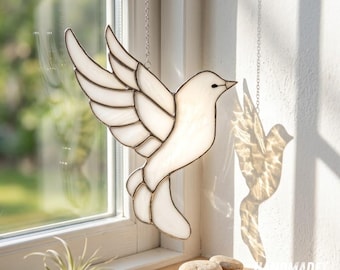 Vitral artesanal con forma de paloma, adorno de paloma de la paz, decoración brillante para ventanas, decoración del hogar, idea de regalo única.