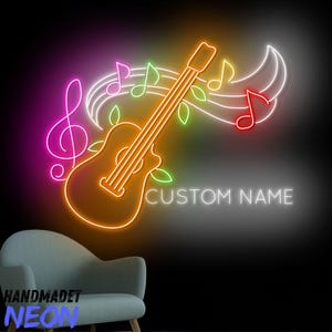 Guitar Neon Sign, Guitar Name Led Sign, Guitar Artist Neon Light, Guitar Music Note Room Wall Art, Musical Instrument Home Wall Decor