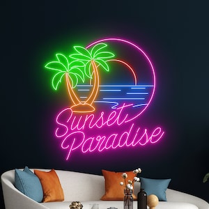 Sunset Paradise Ocean Palm Tree Neon Sign, Beach Led Sign, Holiday Led Light, Tropical Island Led Sign, Pool Party Room Wall Decor