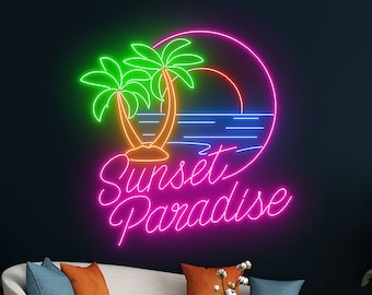 May include: Neon sign with a sunset, palm trees, and the text "Sunset Paradise". The sign is pink, green, and blue.