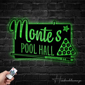 Custom Billiards Pool Hall Metal Wall Art LED Light - Personalizado Pool Hall Sign Home Decor - Billiards Metal Light - Billiards Metal Sign