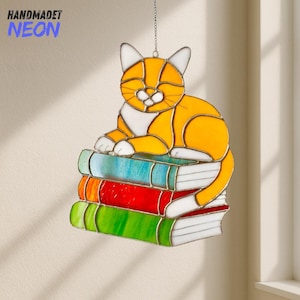 Cat with Books Stained Glass Suncatcher: Book Lover Window Hanging, Reading Nook Decor Gift
