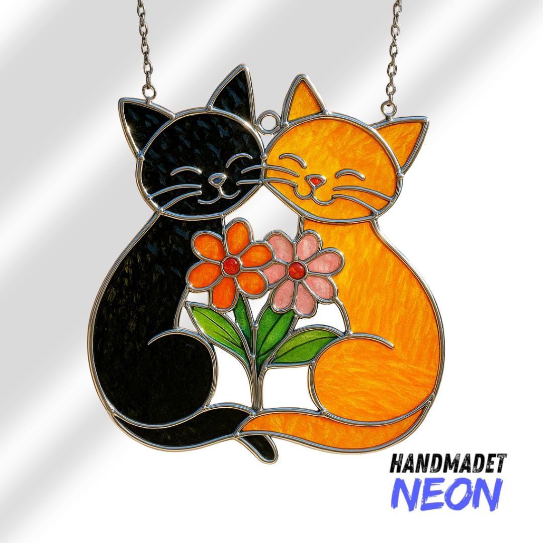 Handmade Cat Couple Stained Glass, Pet Suncatcher Window Hanging Decor ...