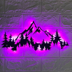 Custom Nature Mountain Forest Metal Wall Art LED Light / Hill Tree Large Adventure Sign / Home Senderismo Decoración Camper / Hiker Nursery Decor