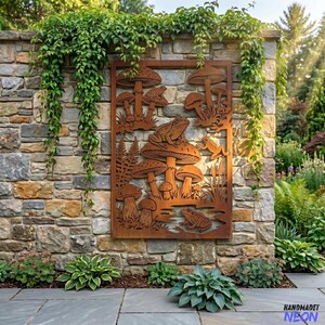Custom Frog Metal Privacy Screen, Mushroom Rustic Garden Panel, Farmhouse Yard Art Decor
