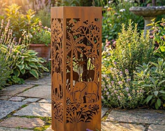 Columna de jardín metálica personalizada con forma de elefante, pilar rústico para jardín exterior, decoración de jardín estilo safari africano