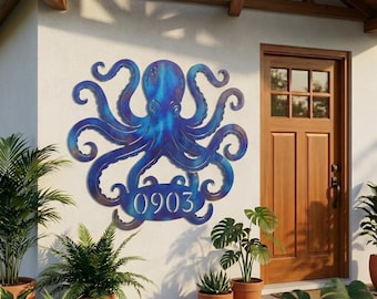 Custom Octopus Address Metal Sign for Outdoor, Coastal House Number Wall Art, Beach House Wall Decor