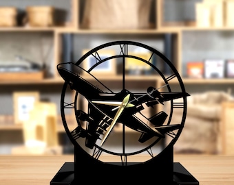 Custom Pilot Tabletop Metal Clock, Airplane Desktop Clock, Travel Desk Circle Clock, Airplane Clock Bookshelf Decor, Clock Home Decor