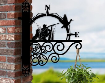 Soporte colgante de cazador personalizado, soporte de cesta colgante de caza, soporte colgante de cazador para jardín, letrero de metal de cazador para decoración de jardín