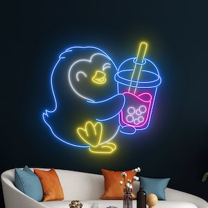 Penguin Drinking Boba Tea Neon Sign, Boba Tea Neon Light, Milk Tea Led Sign, Tea Drink Led Light, Room Wall Decor, Coffee Open Neon Light