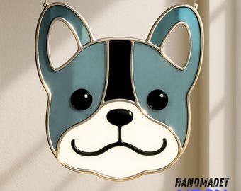 手作りのフレンチブルドッグステンドグラス、カスタムネーム入り