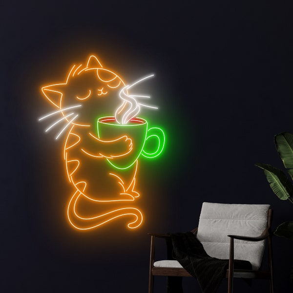 Katze trinkt Kaffee Neonlicht, Kaffeetasse Neon Schild, Katze LED-Licht, Katzengetränk LED-Schild, Kaffee Wand Raumdekor, Coffee Cat Store Neonlicht