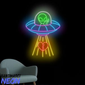 UFO Alien With A Cracked Heart Neon Sign, Alien UFO Led Sign, Heart Neon Light, Alien Led Light, Alien Wall Art, Alien Home Wall Decor