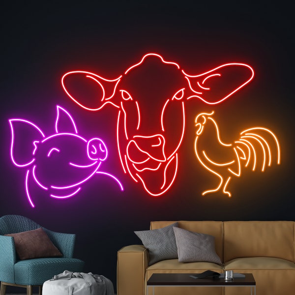 Cow Pig Chicken Led Sign, Farm Led Light, Pig Neon Light, Farmhouse Deco, Rooster Room Wall Art Decor, Farm Neon Light, BBQ Meat Led Light