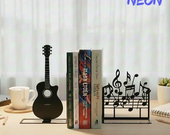 Sujetalibros de guitarra de metal personalizados con nombre, sujetalibros de metal personalizado para notas musicales, decoración de escritorio, regalo para guitarristas, decoración de estudio de música
