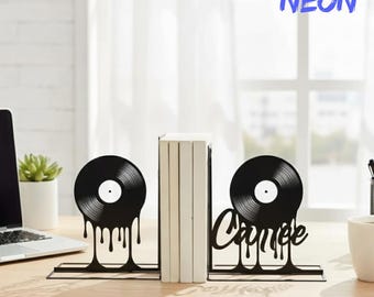 Personalized Vinyl Record Metal Bookends, Custom Music Metal Book Stopper with Name, Gift For Music Lover, Music Studio Decor