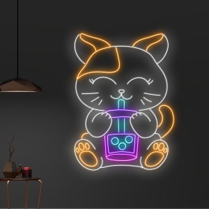 Custom Cat Drinks Boba Tea Neon Sign, Cat Drinking Bubble Tea Led Light, Cat Milk Tea Neon Light, Cat Led Sign, Shop Decor, Nursery Wall Art