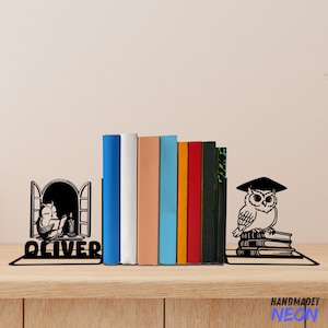 Custom Owl Reading Book Metal Bookends, Owl Bird Name Bookend, Book Lover Gift, Owl Table Sign, Bookshelf Home Decor, Back To School Gift