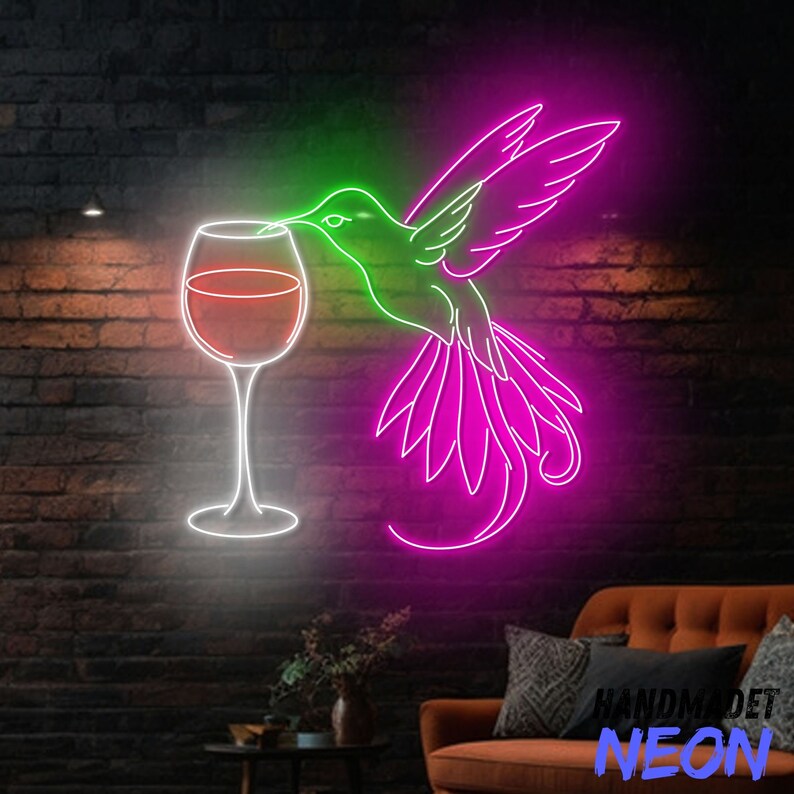 Hummingbird Drinking Wine Neon Sign, Hummingbird Led Sign, Wine Glass ...