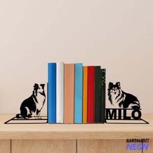 Custom Shetland Sheepdog Dog Metal Bookends, Dog Name Bookend, Dog Table Sign, Bookshelf Home Decor, Book Lover Gift, Back To School Gift