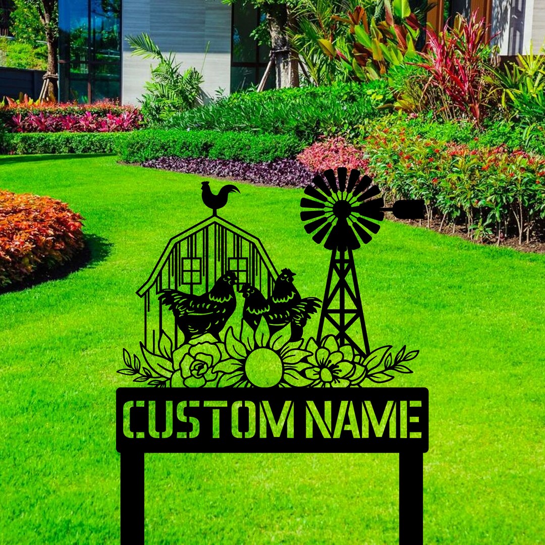 Custom Outdoor Chicken Metal Sign With Stakes Personalized Outdoor Chicken Metal Name Sign With
