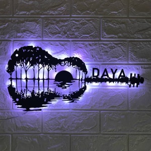 Custom Lake Sun Reflection Guitar Metal Wall Art LED Light - Guitarist Sign Home Decor - Sunset Guitar Player Sign, Horizontal Guitar Decor