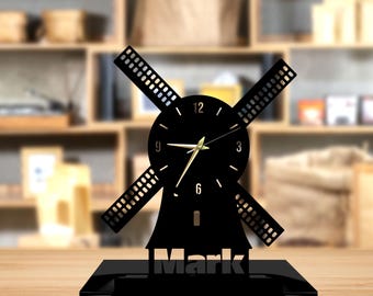 Reloj de mesa de metal con molino de viento pequeño personalizado, reloj de escritorio con molino de viento, reloj circular de escritorio con molino de viento, reloj de granja para decoración de estanterías, reloj para decoración del hogar
