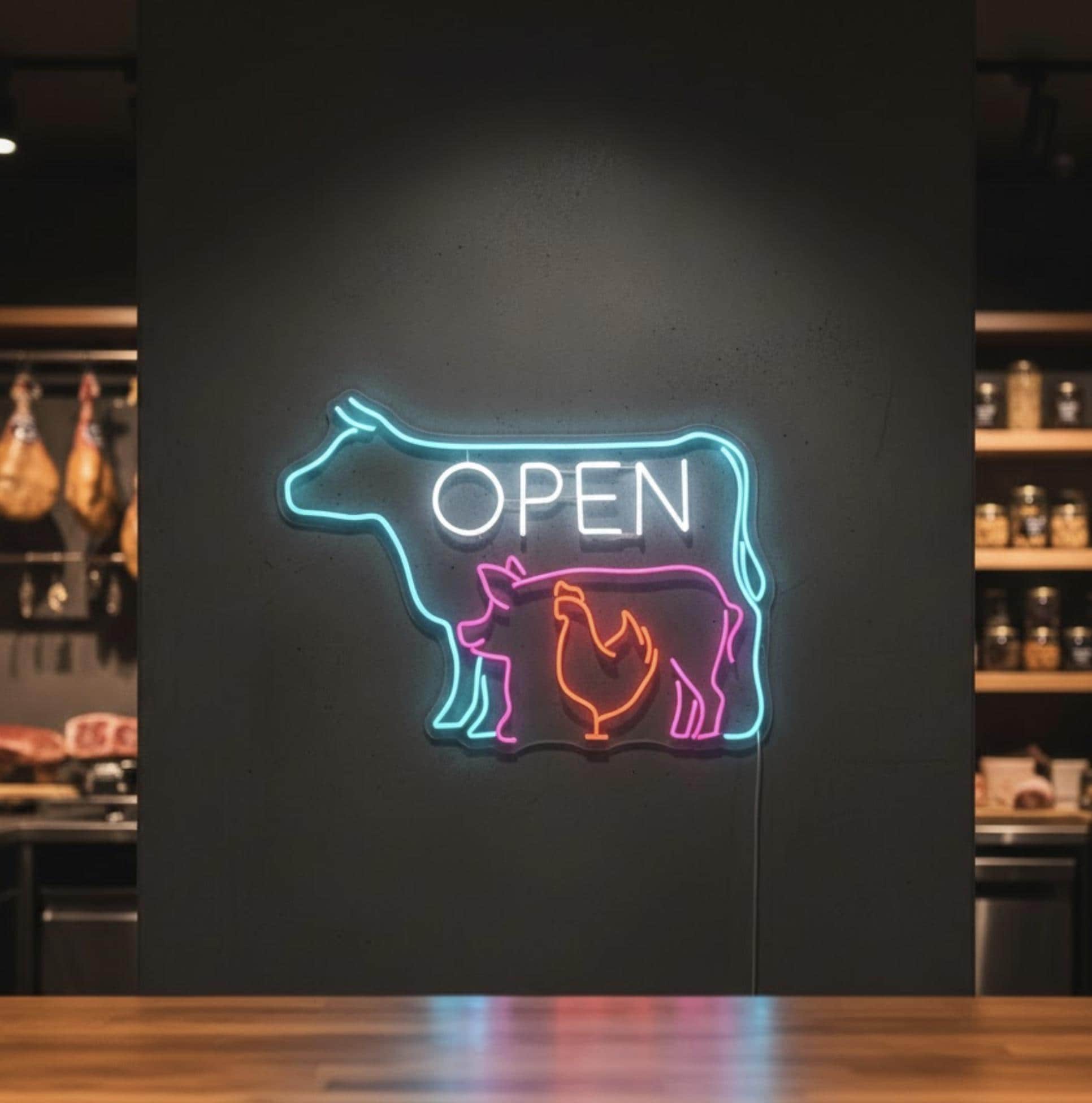 Butcher Shop Open Neon Sign, Cow Pig Chicken LED Light, Market Wall ...