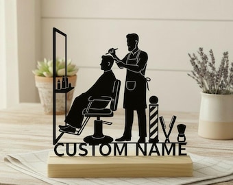 Arte de mesa de metal personalizado para barbería, decoración de escritorio personalizada para barbería, regalo para peluquero