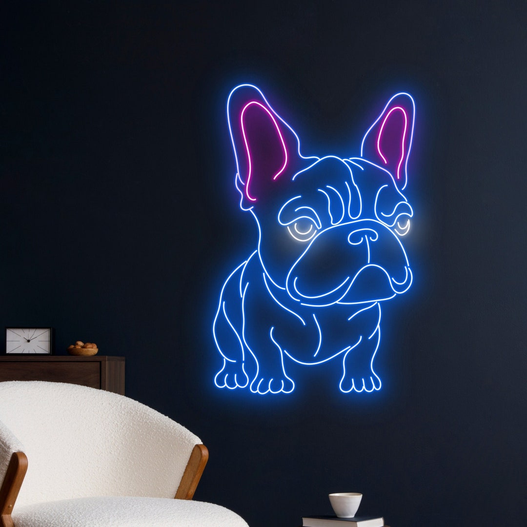 Insegna LED Al Neon A Forma Di Bulldog Francese Con Occhiali | Luce Notturna Rosa 25,9x39,9 Cm | Dimmerabile USB | Regalo Per Amanti Dei Cani