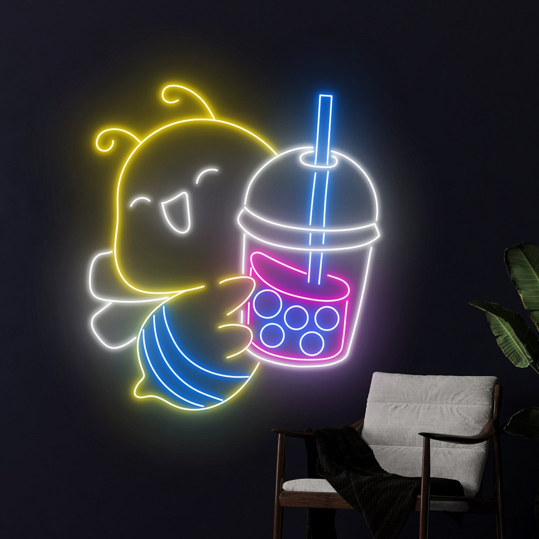 Bee Drinking Boba Tea Neon Sign, Bee Boba Tea Neon Light, Milk Tea Led ...