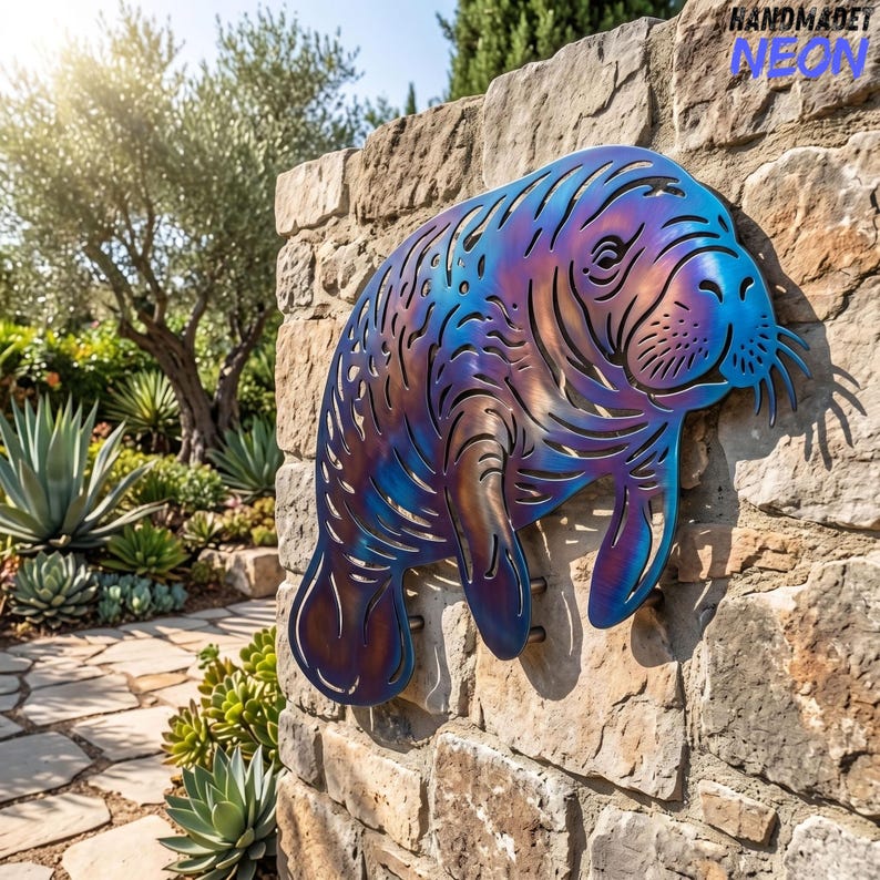 May include: A metal wall art piece shaped like a manatee with an iridescent blue and purple finish. The cutout design features detailed lines representing the body, fins, and whiskers of the sea creature, mounted on a textured stone wall.
