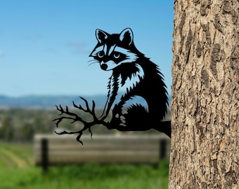 Personalized Raccoon On Branch Metal Tree Stake, Raccoon Garden Tree Stake, Raccoon Metal Tree Art, Animal Yard Art, Garden Outdoor Decor