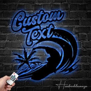 Custom Beach Surfing Metal Wall Art LED Light - Personalized Surfer Name Sign Home Decor, Summer Surf Metal Light, Summer Sport Metal Sign