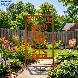 May include: A rusty metal sign with the words "GRILL ZONE" and "EST. 2024" cut out. The sign features a barbecue grill design with flames, a spatula, and tongs. The sign is in a garden setting.