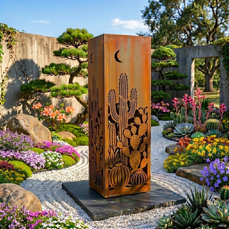 Custom Garden Column Cactus Metal Yard Art, Southwest Desert Sculpture ...