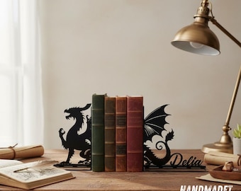 Custom Dragon Metal Bookends Dragon Name Bookend, Dragon Table Sign Bookshelf Decor, Dragon Book Lover Gift, Dragon Back To School Gift