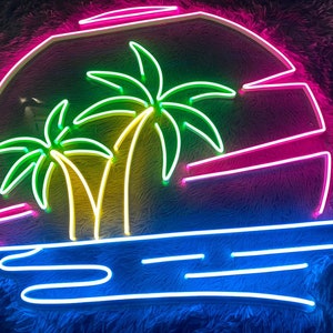 Palm Tree On Beach View Neon Sign, Palm Tree LED Light, Palm Coconut Tree Beach Sign, Beachview Wall Decor, Summer Vacation Decor