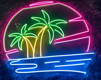 Könnte beinhalten: Neon-Schild, das einen Sonnenuntergang mit zwei Palmen und einem blauen Meer darstellt. Das Schild besteht aus rosa, blauen und gelben Neonlichtern.